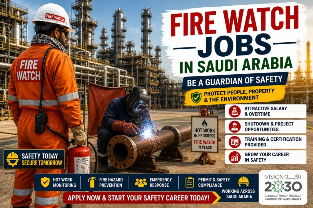 Fire Watch Jobs in Saudi Arabia featured image showing a fire watch worker monitoring hot work at an oil and gas refinery