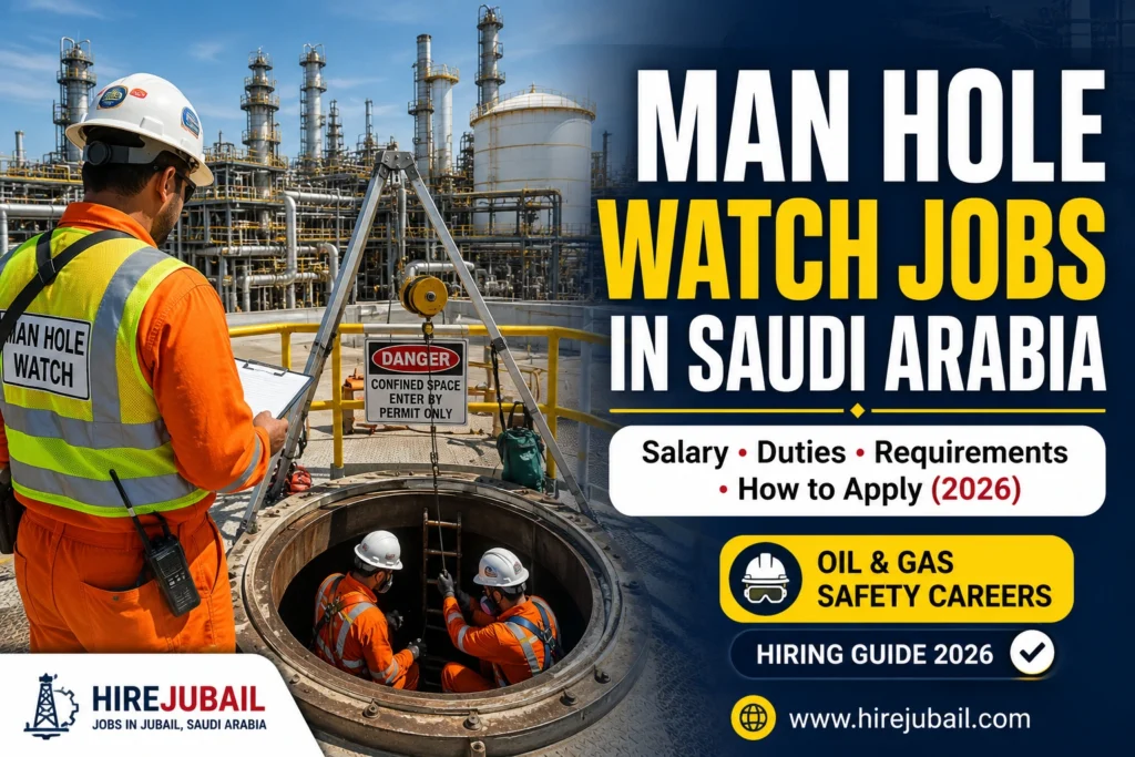 Man Hole Watch Jobs in Saudi Arabia featured image showing a man hole watch monitoring confined space entry at an oil and gas refinery